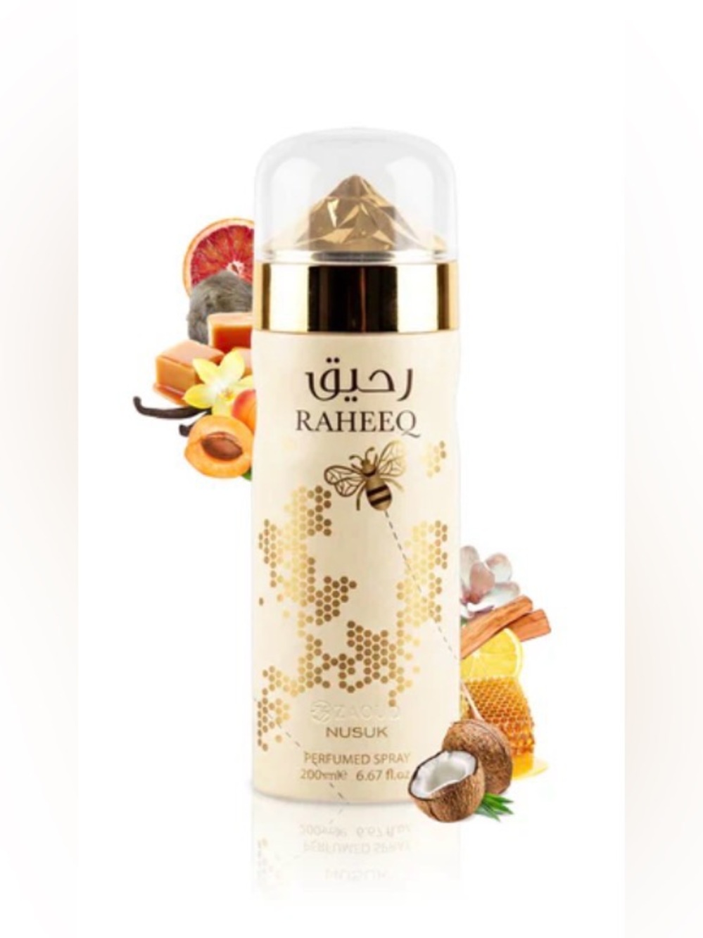 Raheeq Deodorant Body Spray by Nusuk — Golden Honey 200ml ALCOHOL FREE